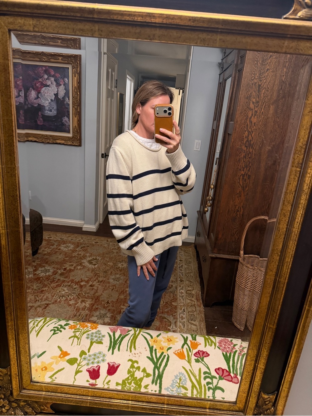 GAP Cream Crewneck Sweater with Navy Stripes
